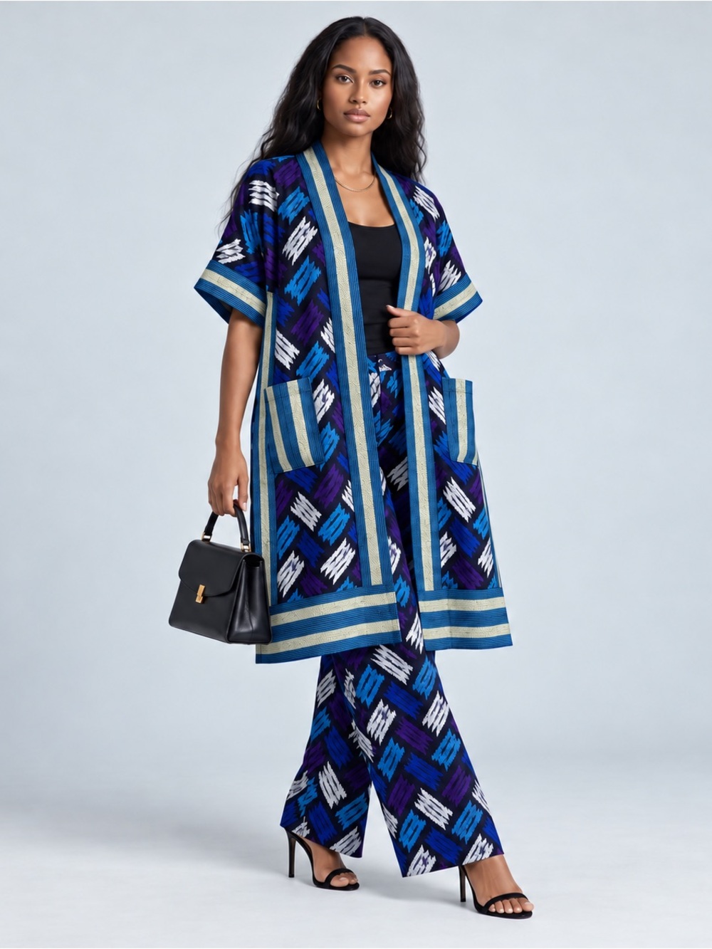 African Print Kimono Duster Wide Leg Dress Pants 2 Piece Set XL Blue
